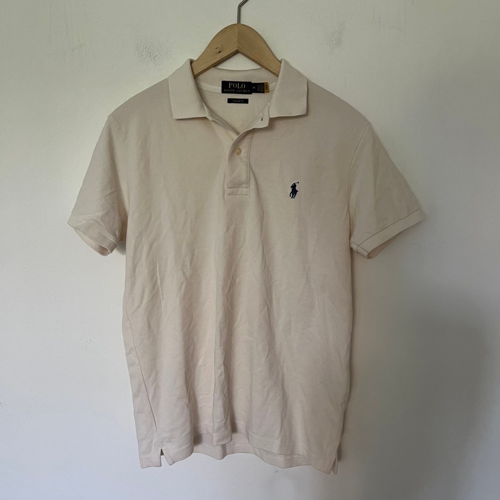 Polo Ralph Lauren Mens Custom Fit Polo Shirt Cream Off White Navy Pony Size M